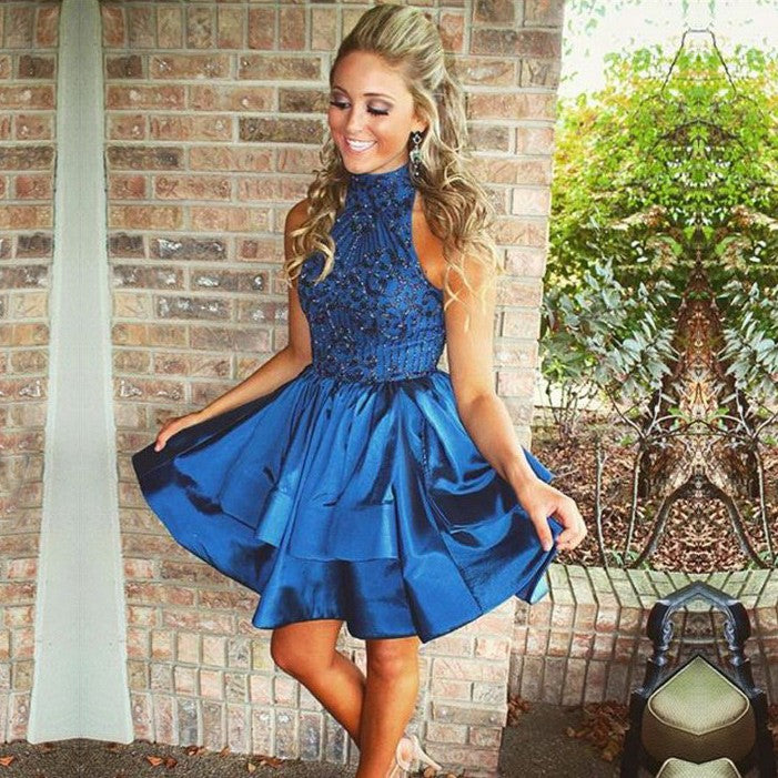 Blue Halter Sequin Stain Short Homecoming Dresses with Beading Ruffles Hoprom