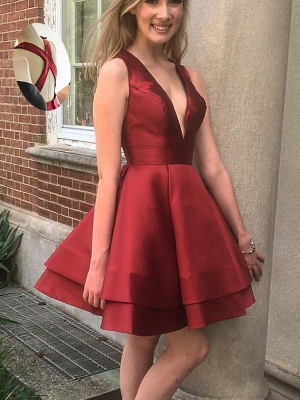 Burgundy Deep V-neck Straps Stain Homecoming Dresses Hoprom Burgundy Deep V-neck Straps Stain Homecoming Dresses Hoprom