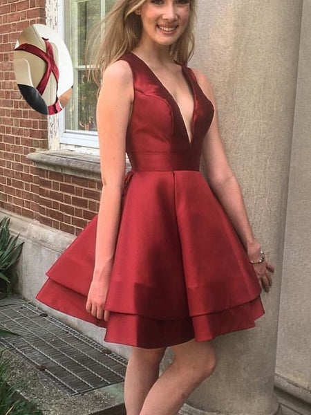 Burgundy Deep V-neck Straps Stain Homecoming Dresses