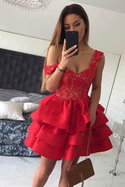 Red Lace V-neck Straps Short Homecoming Dresses