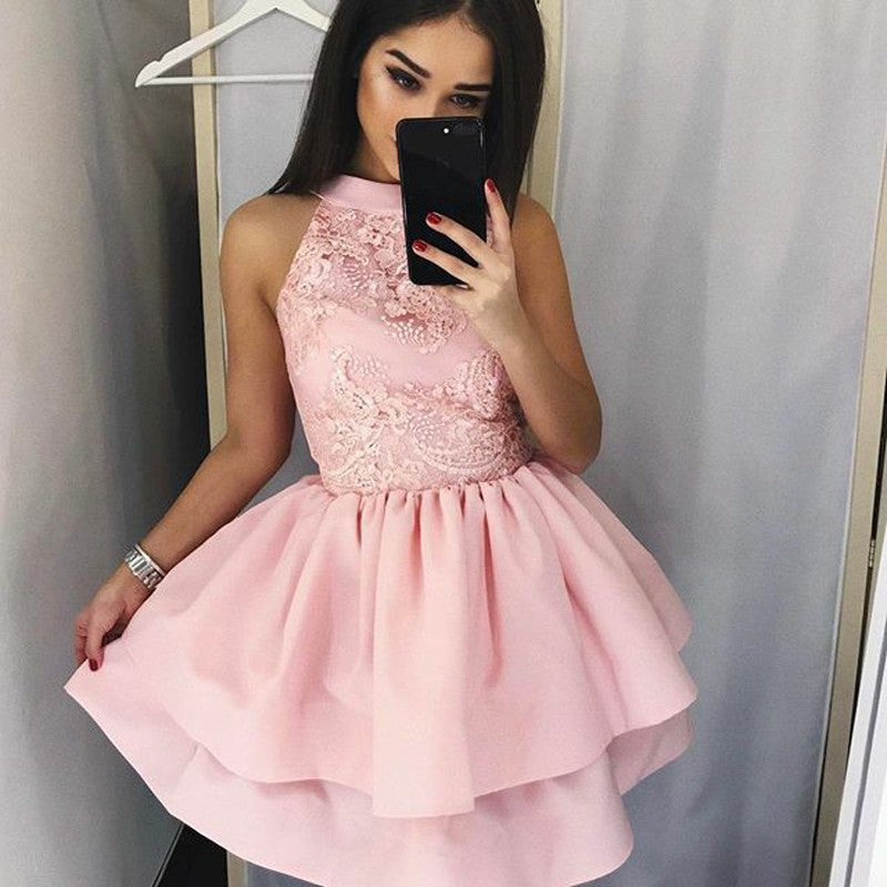 Pink Sweetheart Round Neck Sequins Satin Short Homecoming Dresses
