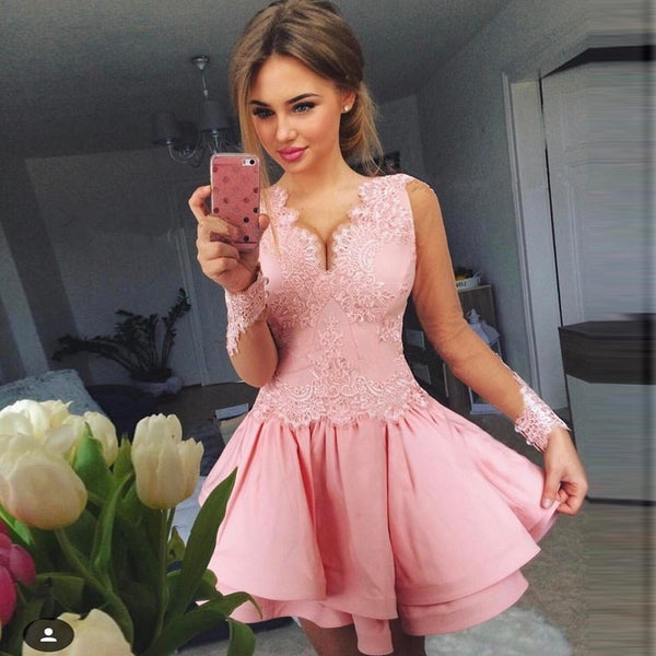 Pink Long Sleeve Lace V-neck Applique Ruffles Cocktail Homecoming Dres ...