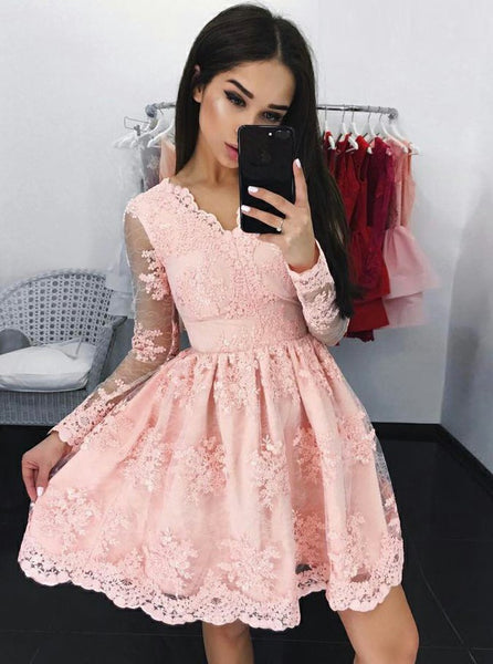 Pink Tulle Cocktail Lace V-neck Long Sleeve Applique Homecoming Dresses