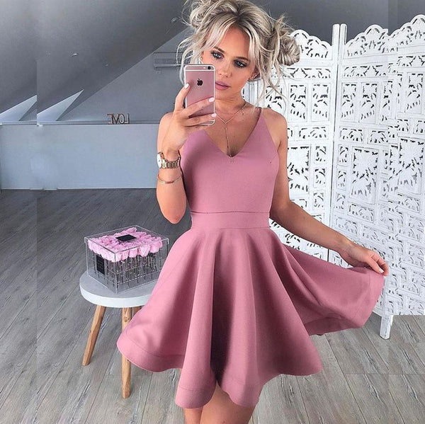 Straps Pink V-neck Pleats Stain Short Homecoming Dresses