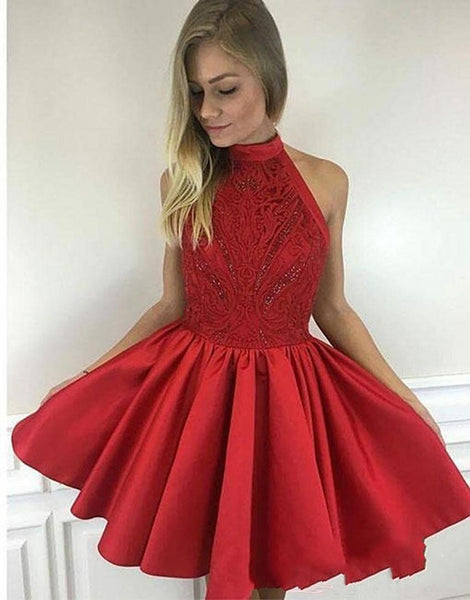 Cute Red Halter Applique Pleats Mini Short Homecoming dress