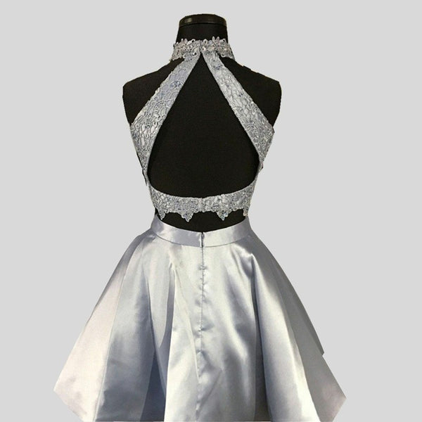 Silver Two Piece Halter Applique Backless Stain Homecoming Dresses