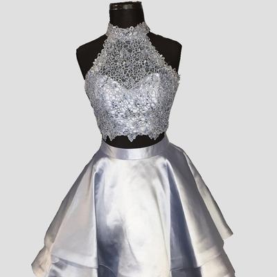 Silver Two Piece Halter Applique Backless Stain Homecoming Dresses