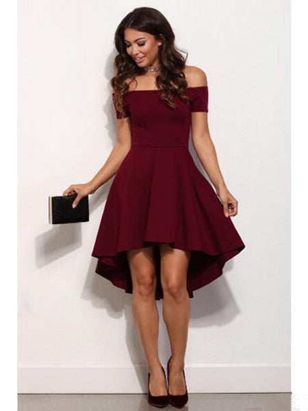Burgundy Off Shoulder Short Sleeve High Low Pleats Homecoming Dresses