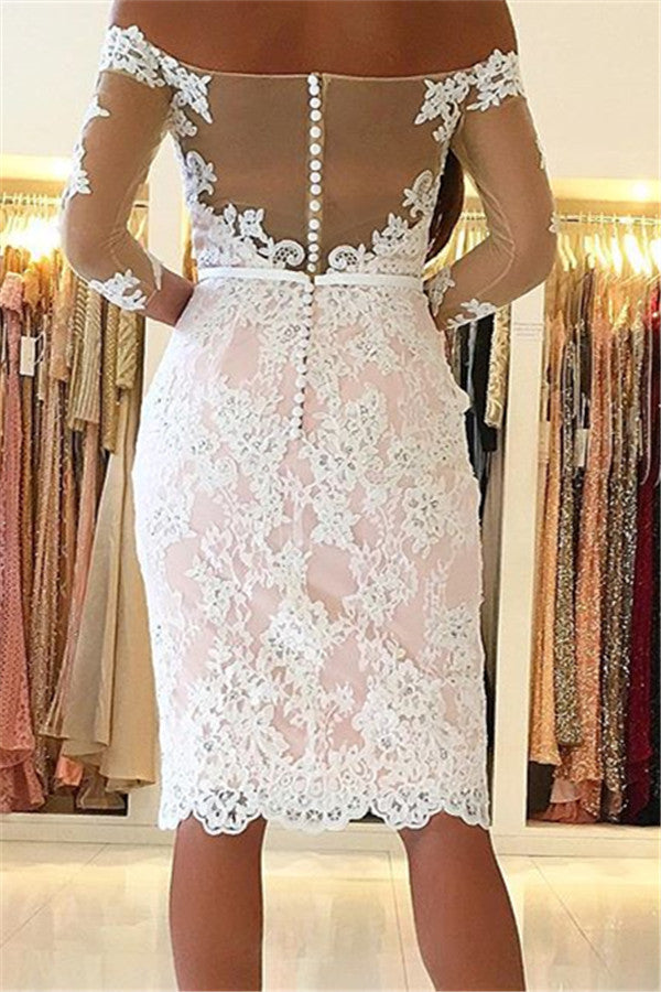 Pink Lace Long Sleeve Off Shoulder Knee Length Homecoming Dresses Hoprom Pink Lace Long Sleeve Off Shoulder Knee Length Homecoming Dresses Hoprom