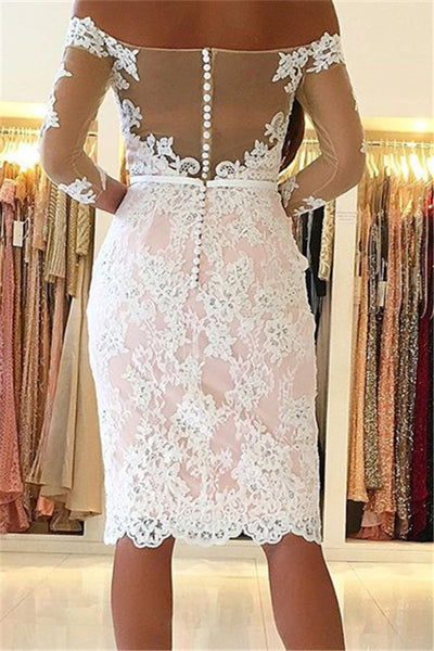 Pink Lace Long Sleeve Off Shoulder Knee Length Homecoming Dresses