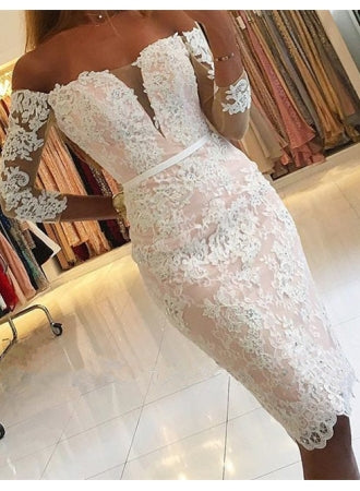 Pink Lace Long Sleeve Off Shoulder Knee Length Homecoming Dresses
