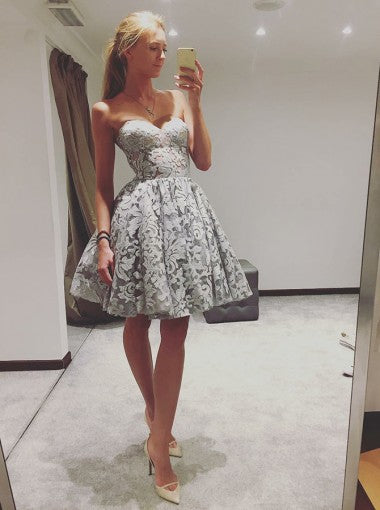 Grey Floral Strapless Above Knee Pleats Homecoming Dresses