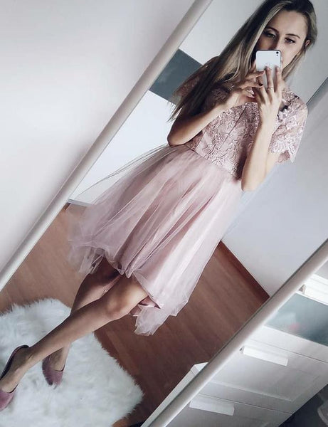 Pink Lace Short Sleeve Tulle Short Homecoming Dresses