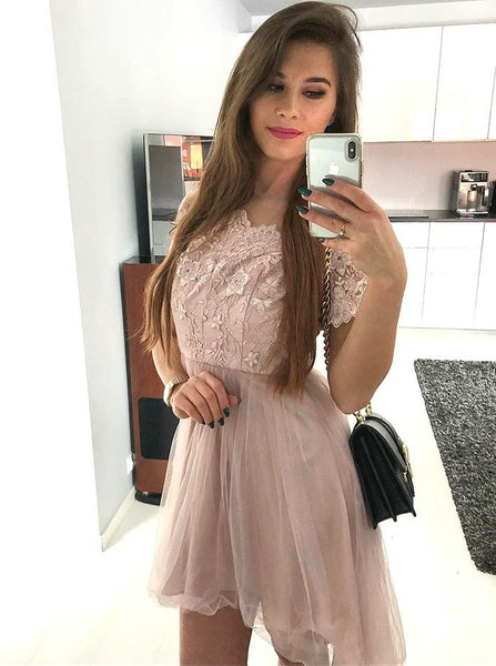 Pink Lace Short Sleeve Tulle Short Homecoming Dresses
