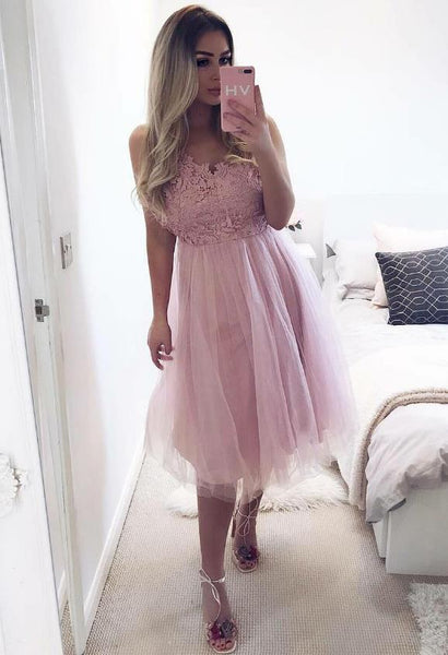 Pink Lace V-neck Homecoming Dresses,Tulle Knee Length Homecoming Dresses