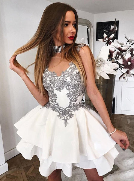 Tiered White V-neck Applique Backless Homecoming Dresses Prom Dress
