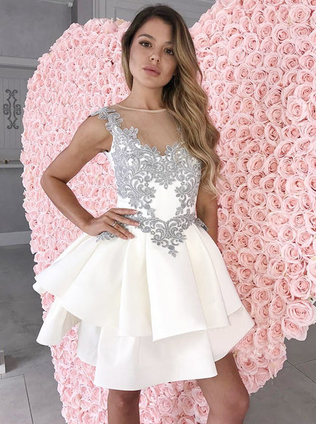 Tiered White V-neck Applique Backless Homecoming Dresses Prom Dress
