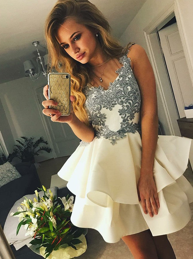 Tiered White V-neck Applique Backless Homecoming Dresses Prom Dress