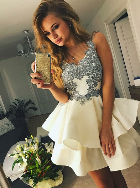 Tiered White V-neck Applique Backless Homecoming Dresses Prom Dress