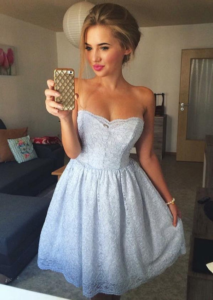 Cute Blue Full Lace Strapless Short Homecoming Dresses