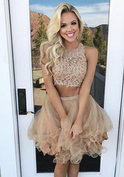 Champagne Lace Two Piece Tulle Homecoming Dresses With Bead-Belt