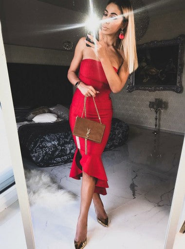 Sheath Red Strapless Homecoming Dresses With Ruffles Cocktail