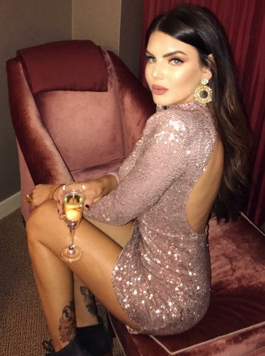 Sheath Rose Gold Long Sleeve Backless Homecoming Dresses with Sequin Cocktail