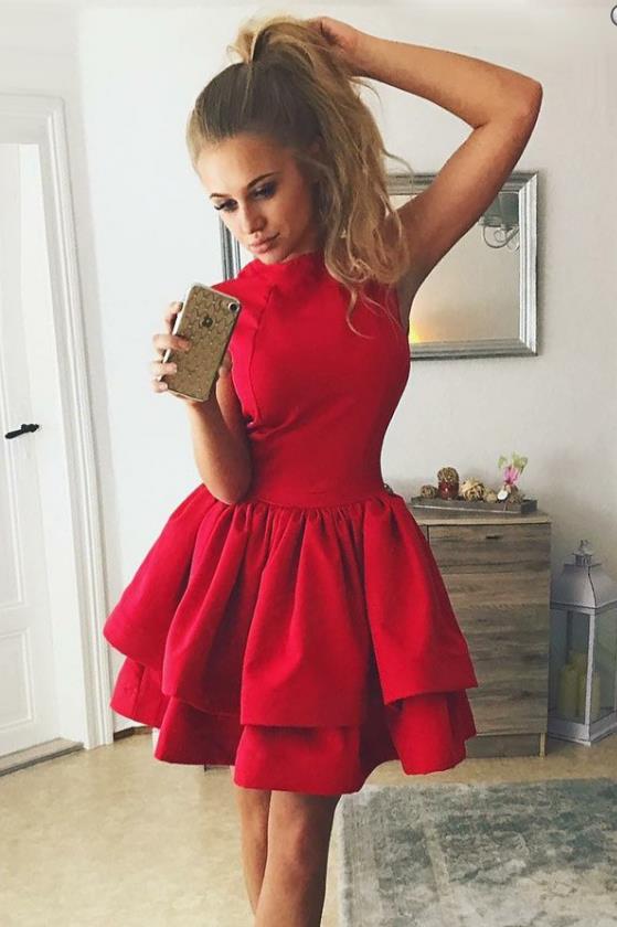 Tiered Red Sleeveless Stain Pleated Short Homecoming Dresses