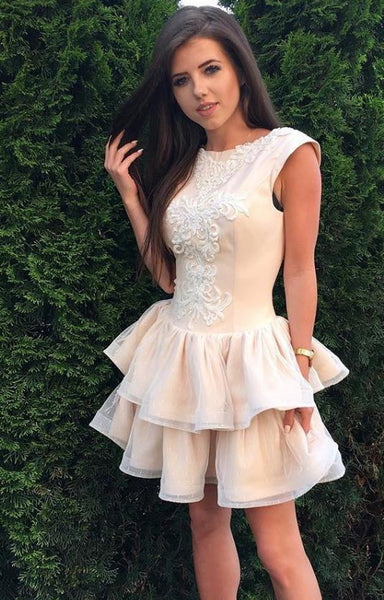 Tiered Pearl Pink Round Neck Applique Homecoming Dresses