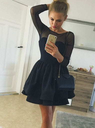 Tiered Black Long Sleeve Pleated Stain Homecoming Dresses