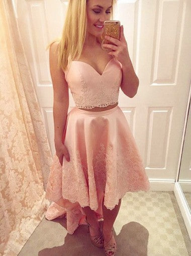 Pink Two Piece High Low Applique Stain Homecoming Dresses