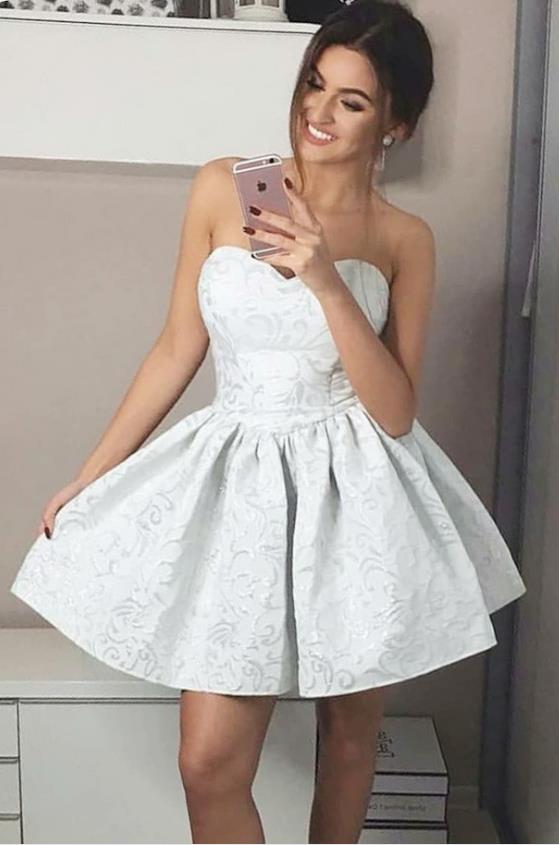 White Strapless Floral Prom Dress Pleated Short Homecoming Dresses