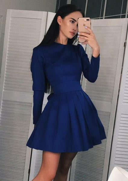 Royal Blue Stain Long Sleeve Pleated Homecoming Dresses