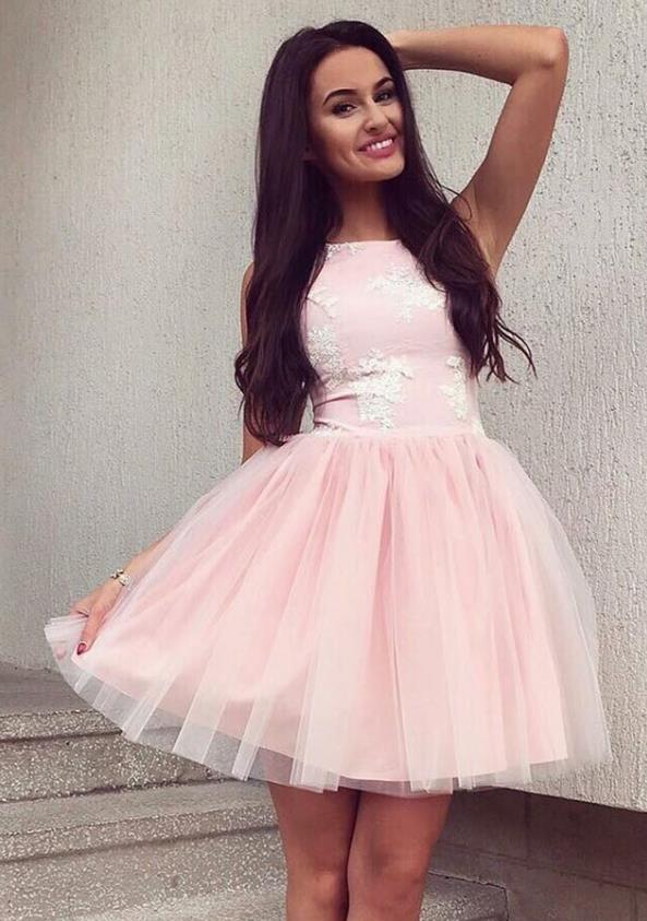 Pearl Pink Lace Applique Homecoming Dresses,Tulle Short Homecoming Dresses