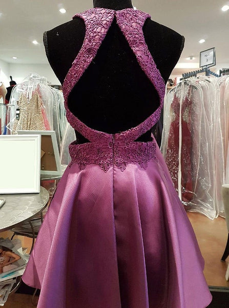 Purple Round Neck Lace Backless Homecoming Dresses With Beading