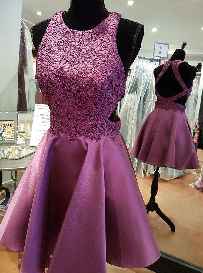 Purple Round Neck Lace Backless Homecoming Dresses With Beading
