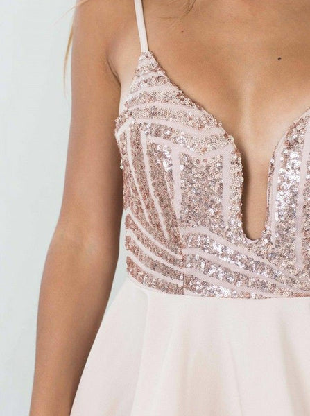 Pearl Pink Spaghetti Straps Backless Sequin Pleated Short Homecoming Dresses
