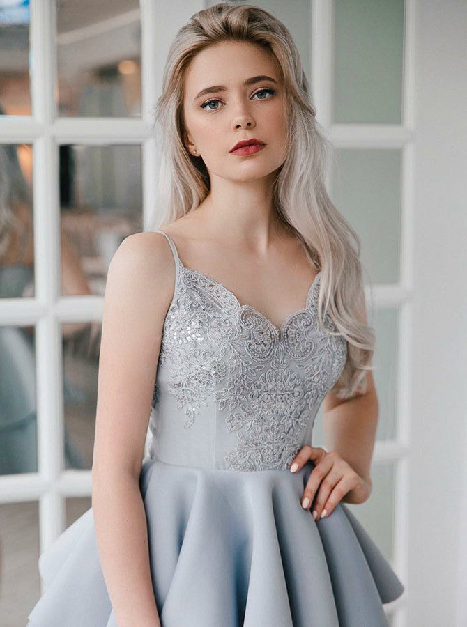 Tiered Grey Spaghetti Straps Applique Backless Stain Homecoming Dresse – Hoprom Tiered Grey Spaghetti Straps Applique Backless Stain Homecoming Dresse – Hoprom
