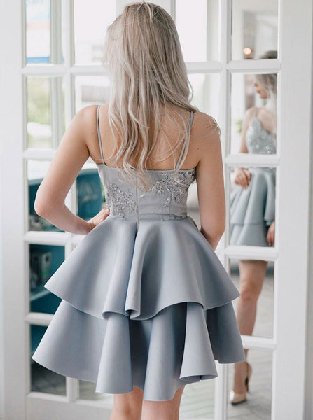 Tiered Grey Spaghetti Straps Applique Backless Stain Homecoming Dresses