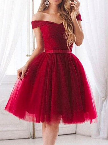 Red Off Shoulder Short Sleeve Tulle Homecoming Dresses With Bowknot