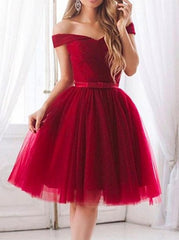 Red Off Shoulder Short Sleeve Tulle Homecoming Dresses With Bowknot  Hoprom