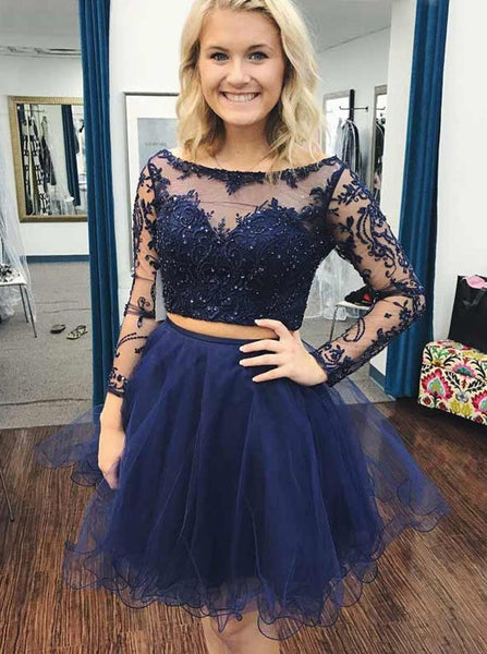 Blue Two Piece Long Sleeve Tulle Homecoming Dresses With Applique Beading