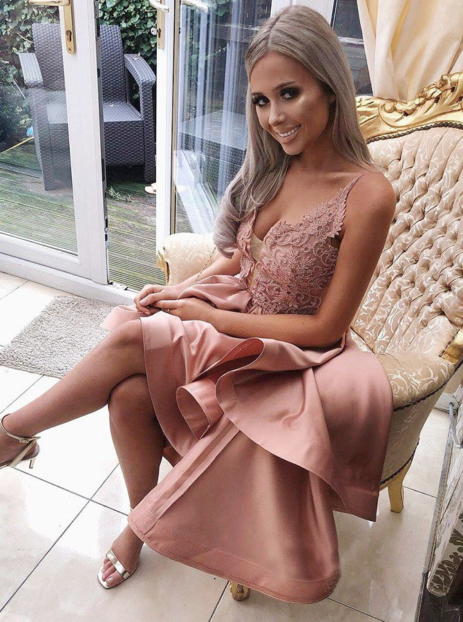 Pink V-neck Spaghetti Straps Homecoming Dresses,High Low Applique Home Hoprom Pink V-neck Spaghetti Straps Homecoming Dresses,High Low Applique Home Hoprom