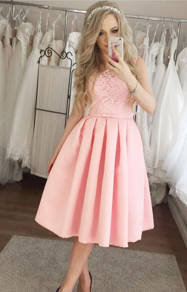 Pink Lace Applique Knee Length Pleated Homecoming Dresses with Bowknot