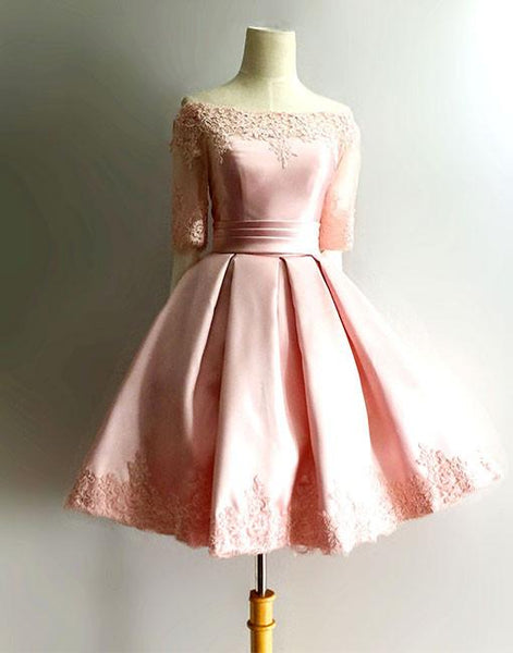 Pink Lace Applique Half Sleeve Off Shoulder Homecoming Dresses