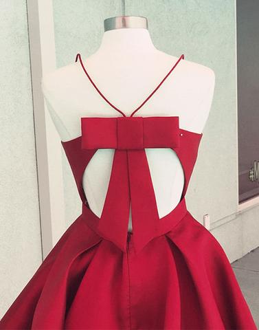 Red Spaghetti Straps V-neck Backless Homecoming Dresses With Bowknot