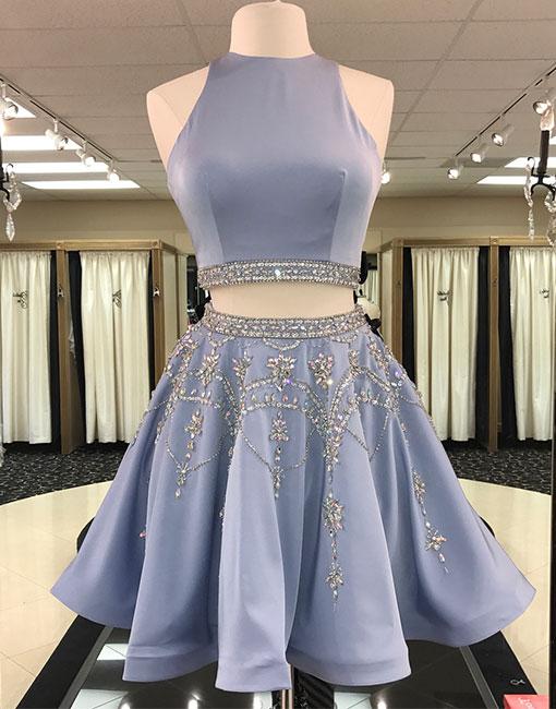 Blue Cute Two Piece Beading Backless Pleated Homecoming Dresses Hoprom Blue Cute Two Piece Beading Backless Pleated Homecoming Dresses Hoprom