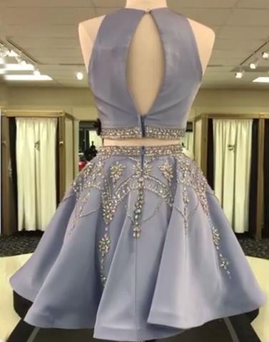 Blue Cute Two Piece Beading Backless Pleated Homecoming Dresses