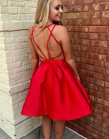 Red Straps V-neck Backless Stain Pleated Short Homecoming Dresses