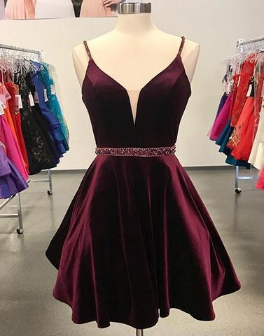 Burgundy Spaghetti Straps V-neck Beading Stain Short Homecoming Dresses